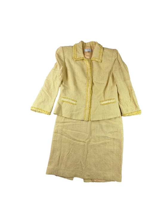TAHARI ARTHUR S. LEVINE Pants - Tahari Arthur S Levine Yellow Tweed Skirt Suit Size 8 Fringe Trim 2 Piece